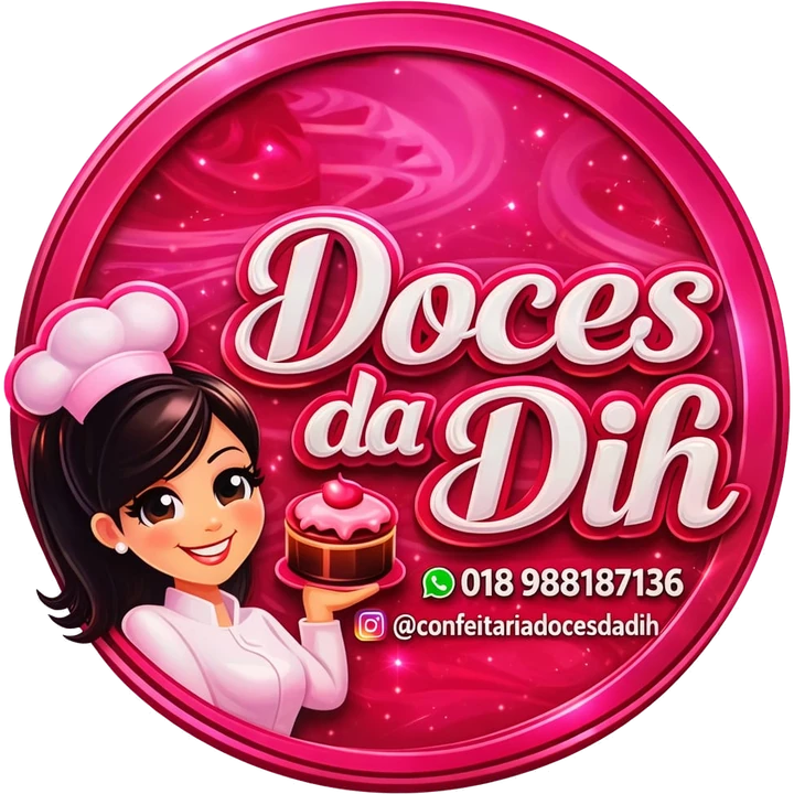 Logo da Doces da Dih: a Dih de chapéu de confeiteira segurando um bolinho